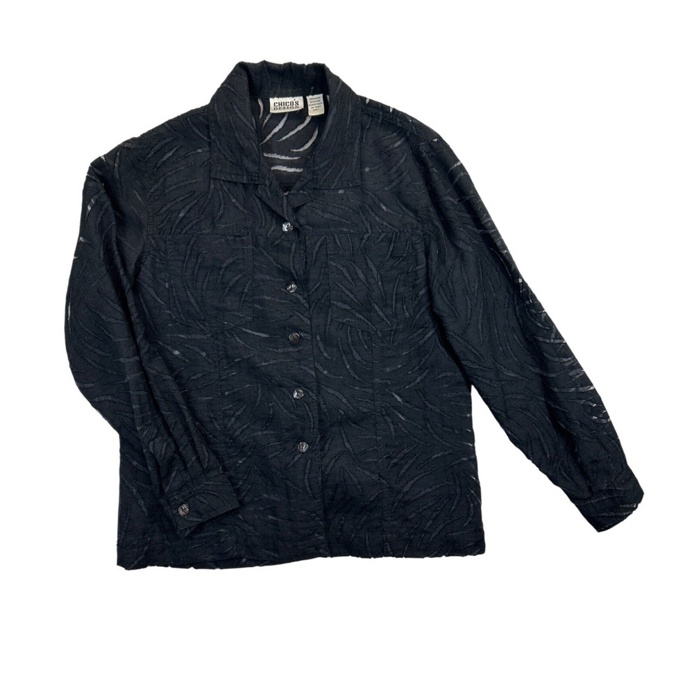 Chicos Blouse Womens Size 1 Black Textured Button-Up Long Sleeve